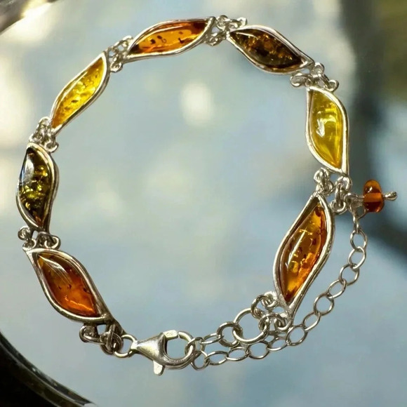 Tricolor Baltic Amber Sterling Silver Bracelet - Picture 5 of 7